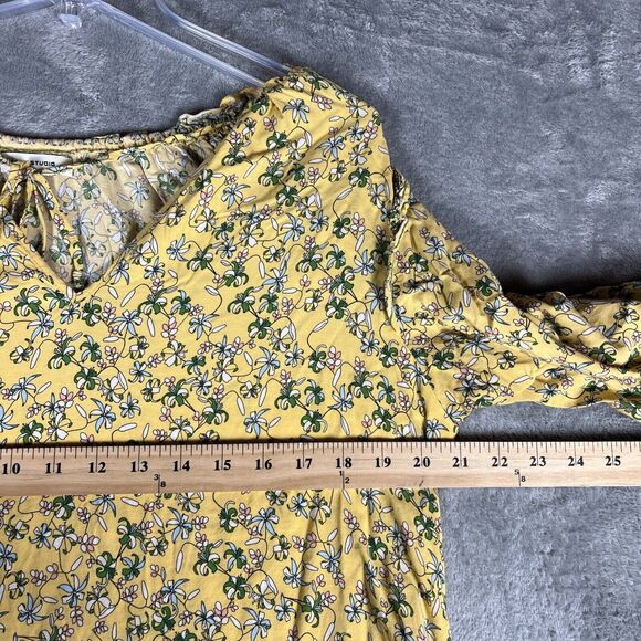Max Studio‎ Smocked Mini Dress Yellow Floral Fields Size Large Farm Cottage - Picture 2 of 4